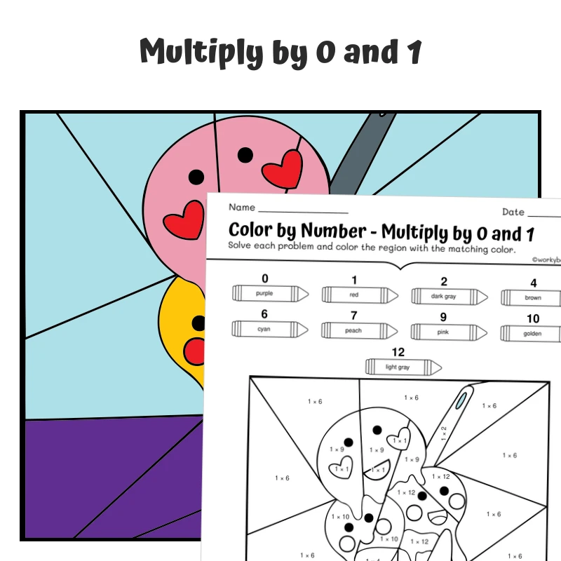 Multiply by 0 & 1 Color by Number — Grinning Gelato — math worksheet for Grade 3, page 1 of 1