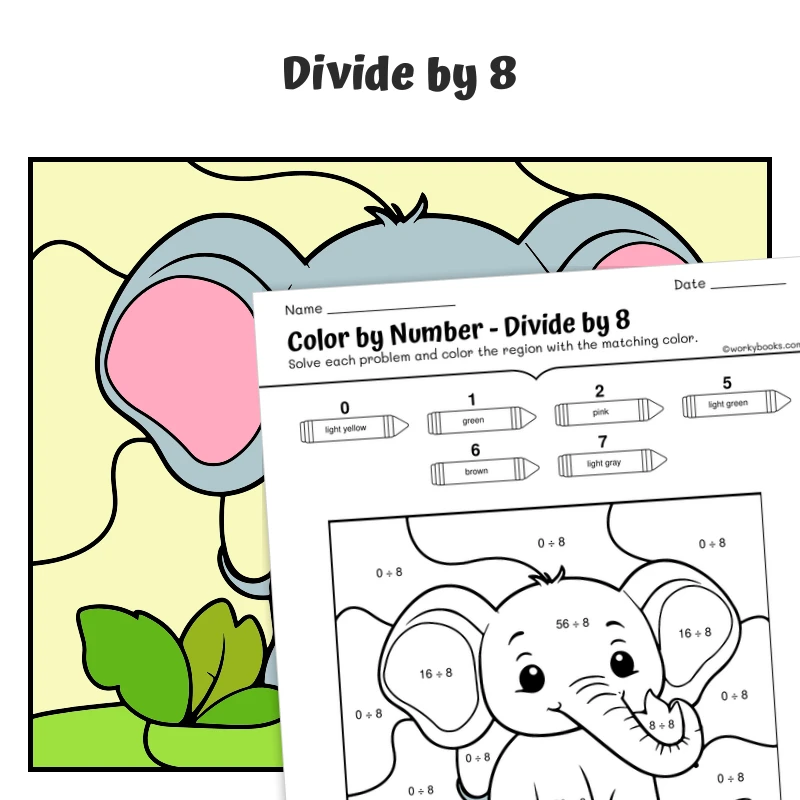 div by 8 Color by Number — Elephant Eating Leaves Happily — math worksheet for Grade 3, page 1 of 1