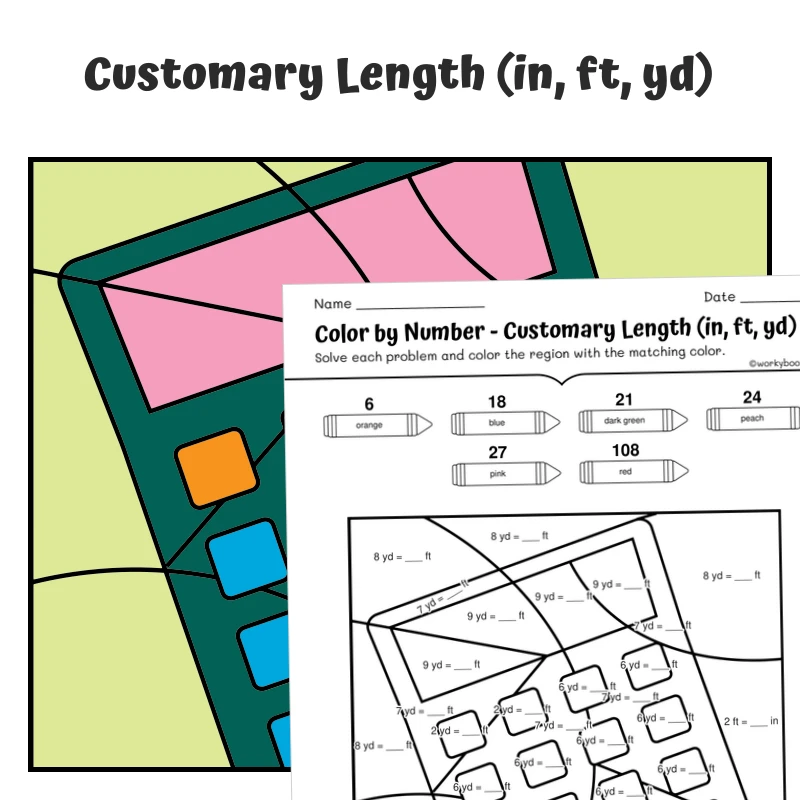 Customary Length Color by Number — Calculator — math worksheet for Grade 4, Grade 5, page 1 of 1