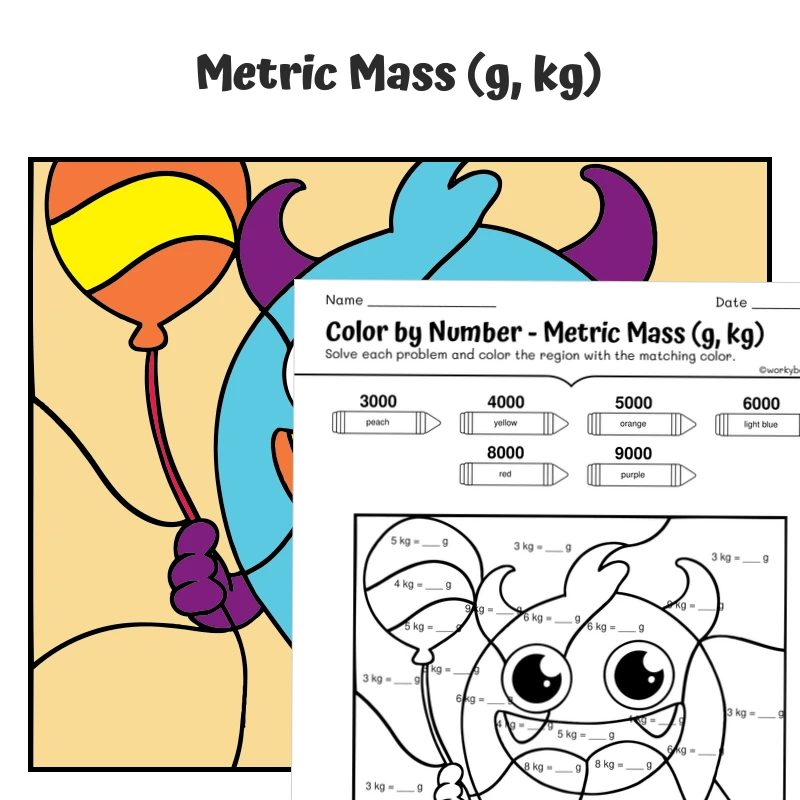 Metric Mass Color by Number — Monster with a Candy — math worksheet for Grade 4, Grade 5, page 1 of 1