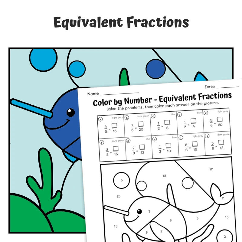 Equivalent Fractions Color by Number — Artic Animal Narwhal — math worksheet for Grade 3, Grade 4, page 1 of 1