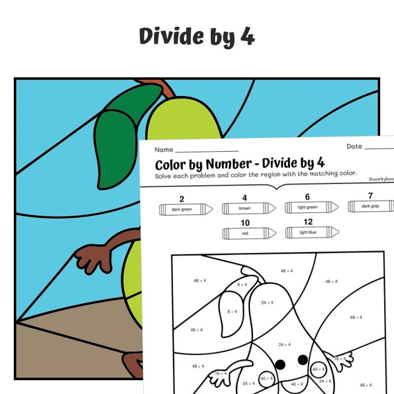 div by 4 Color by Number — Pears — math worksheet for Grade 3, page 1 of 1