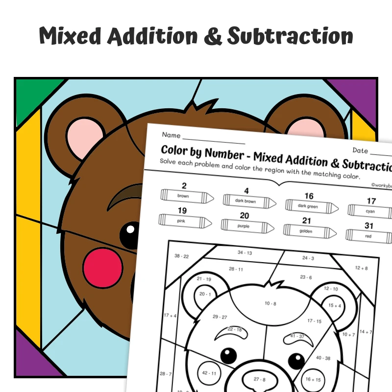 Add & Subtract Mixed Color by Number — Animal face - Bear — math worksheet for Grade 1, Grade 2, Grade 3, page 1 of 1