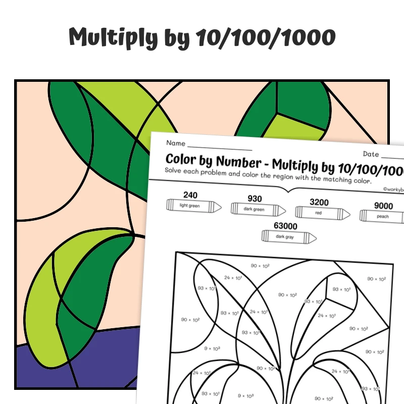 Multiply by 10, 100, 1000 Color by Number — plant 8 — math worksheet for Grade 4, Grade 5, page 1 of 1