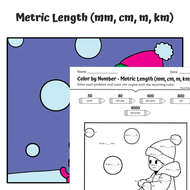 Metric Length Color by Number — CBN.WINTER.9-5 — math worksheet for Grade 4, Grade 5, page 1 of 1