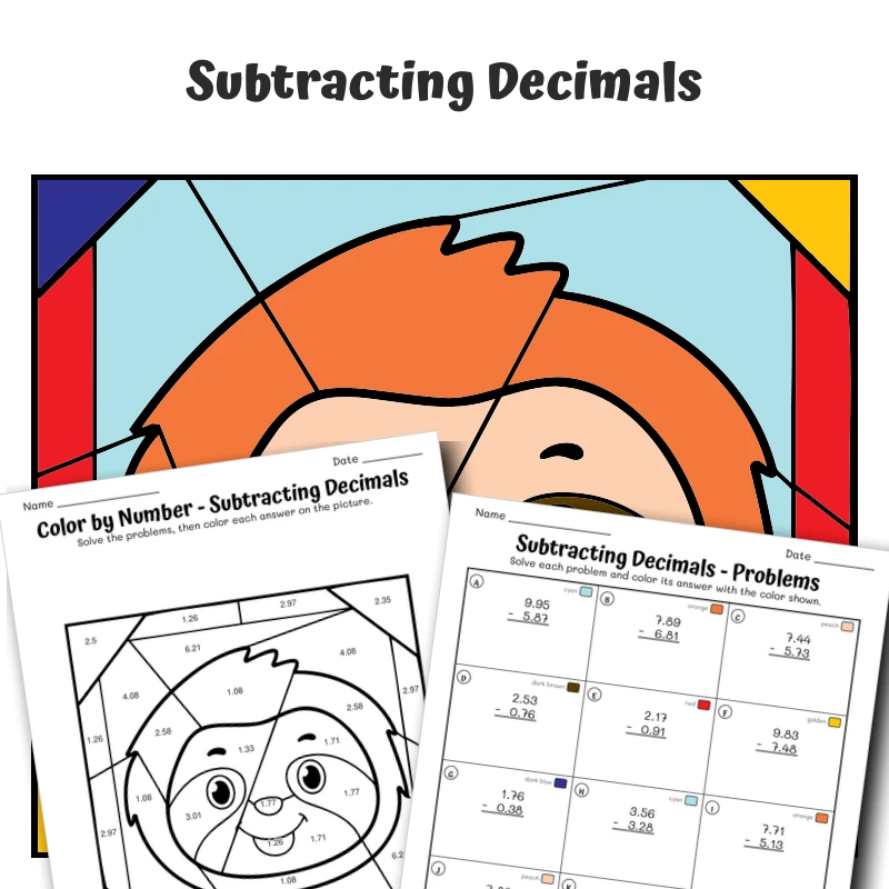 Subtract Decimals Color by Number — Animal face - Sloth — math worksheet for Grade 5, page 1 of 1