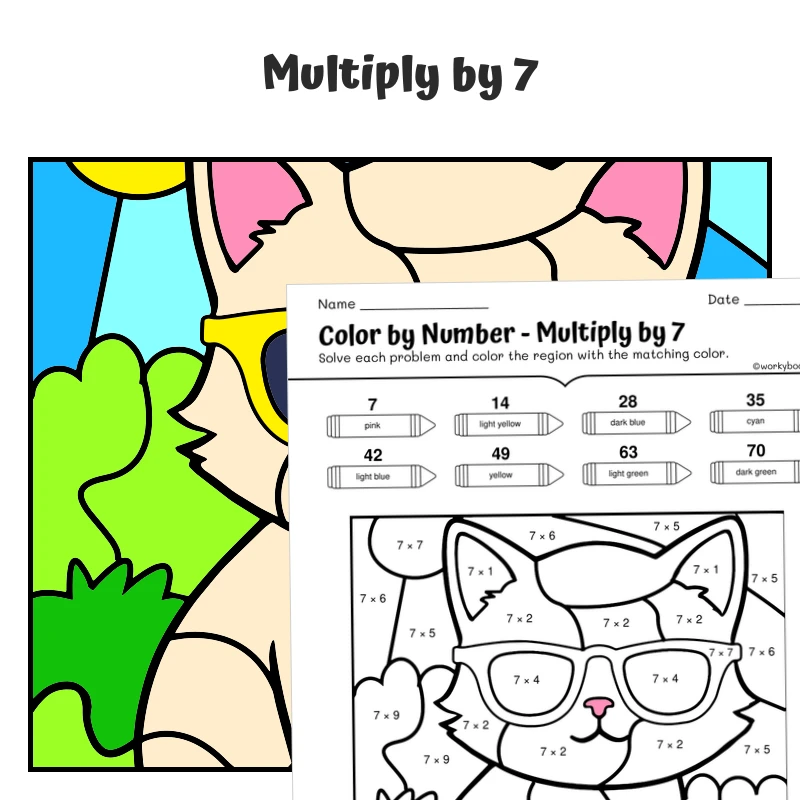 × 7 Color by Number — Cat wearing sunglasses — math worksheet for Grade 3, page 1 of 1