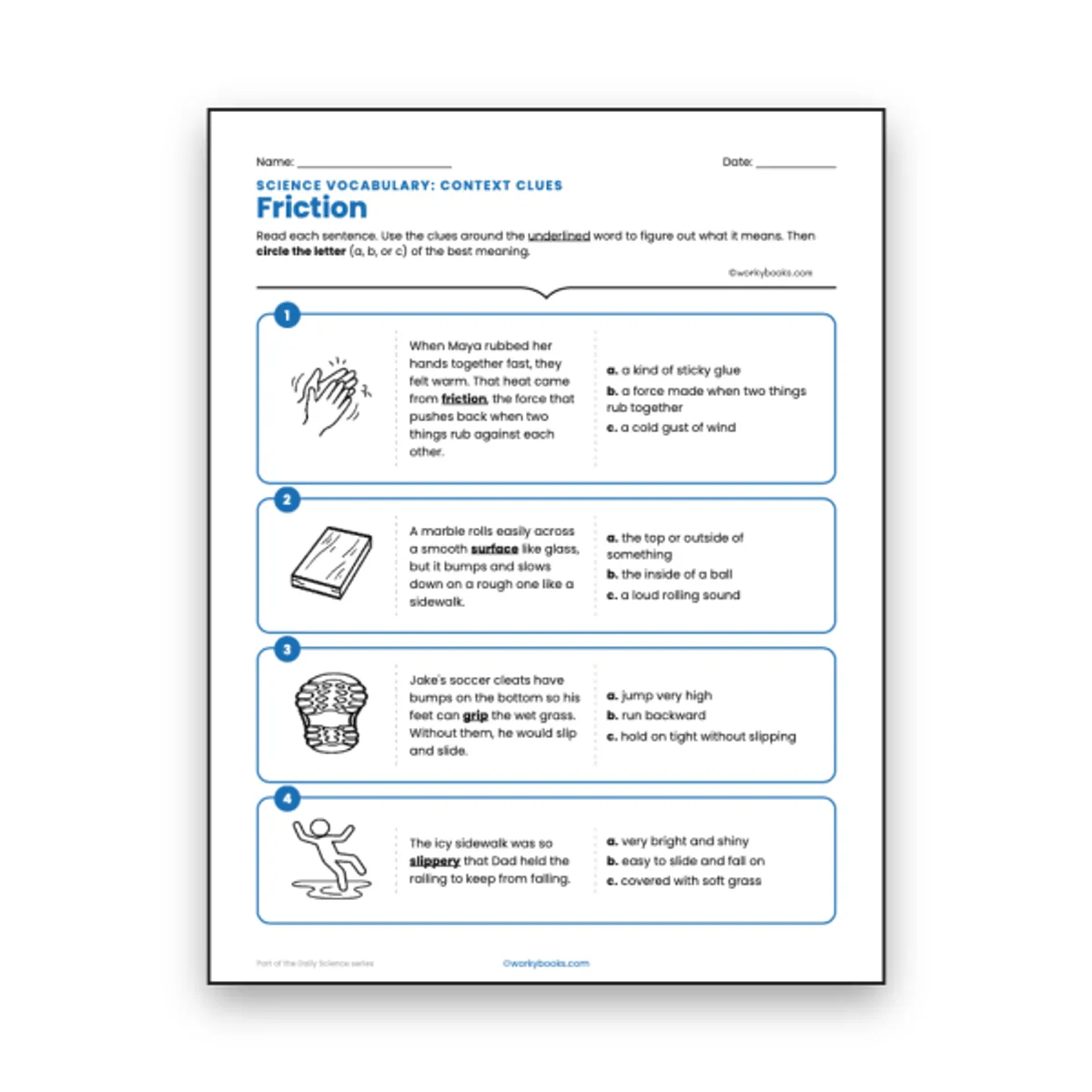 Friction - Context Clues Activity — ela worksheet for Grade 3, Grade 4, Grade 5, page 1 of null