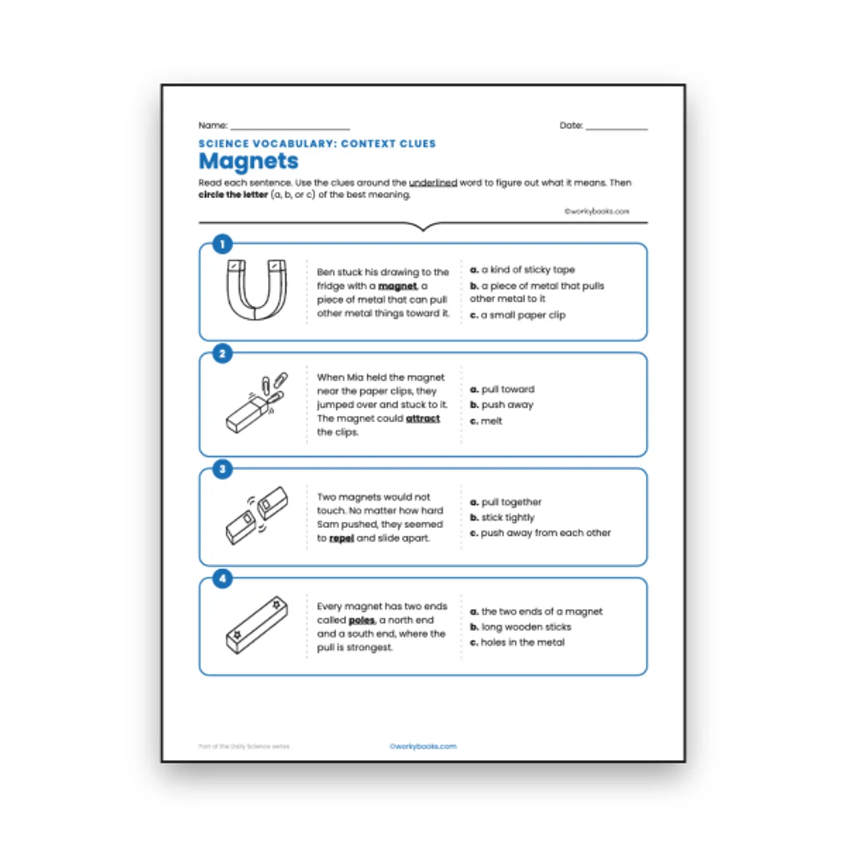 Magnets - Context Clues Activity — ela worksheet for Grade 3, Grade 4, Grade 5, page 1 of null