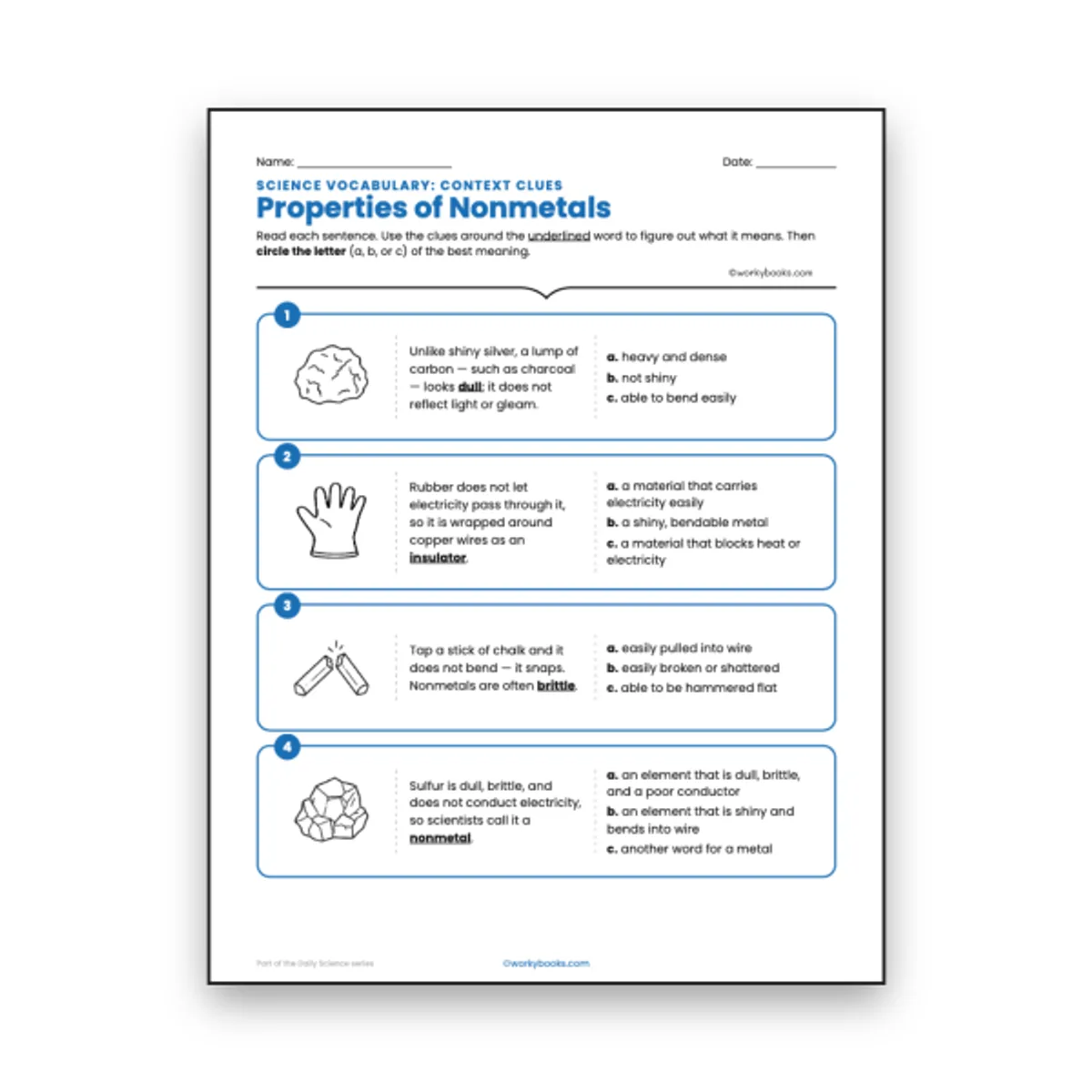 Properties of Nonmetals - Context Clues Activity — ela worksheet for Grade 6, page 1 of null