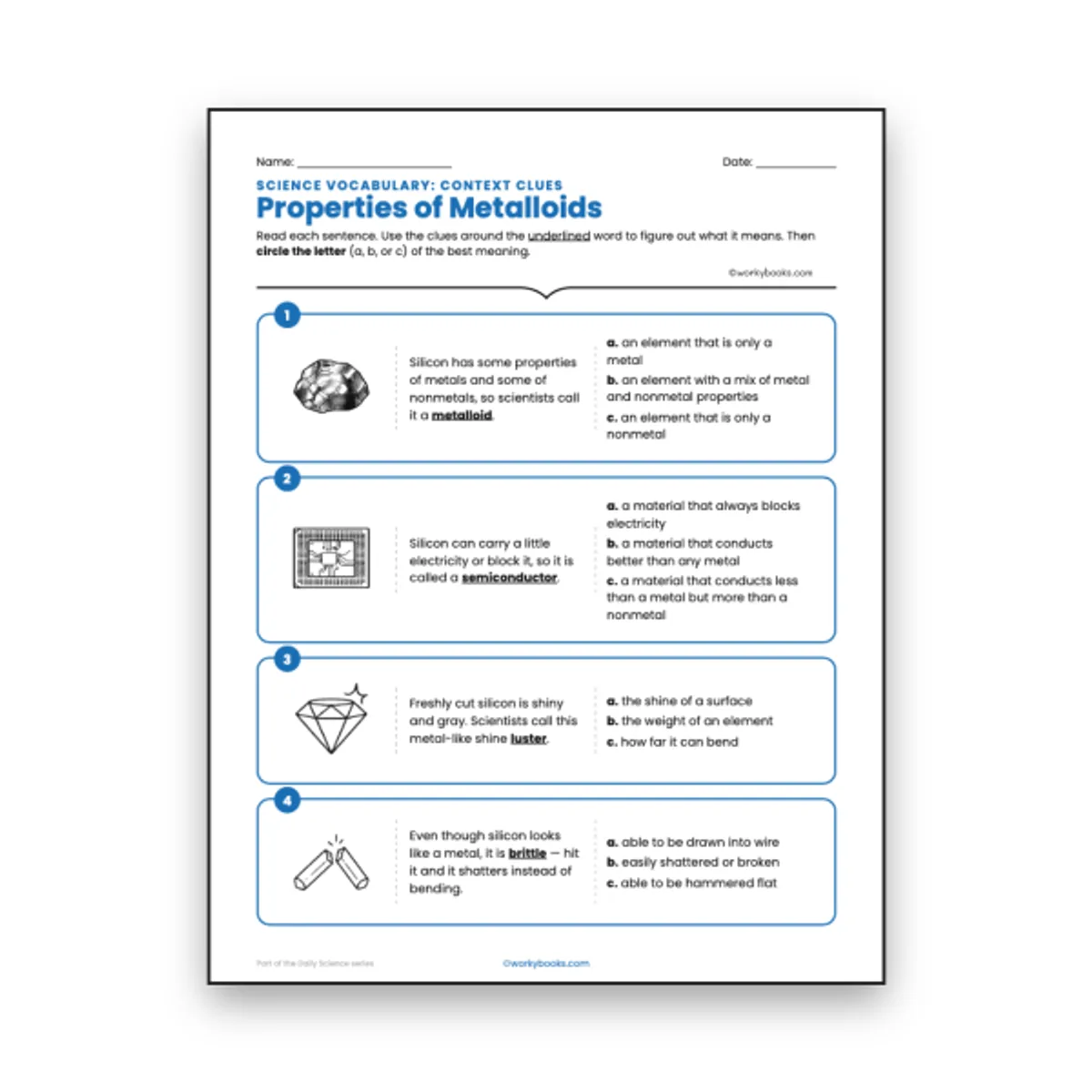 Properties of Metalloids - Context Clues Activity — ela worksheet for Grade 6, page 1 of null