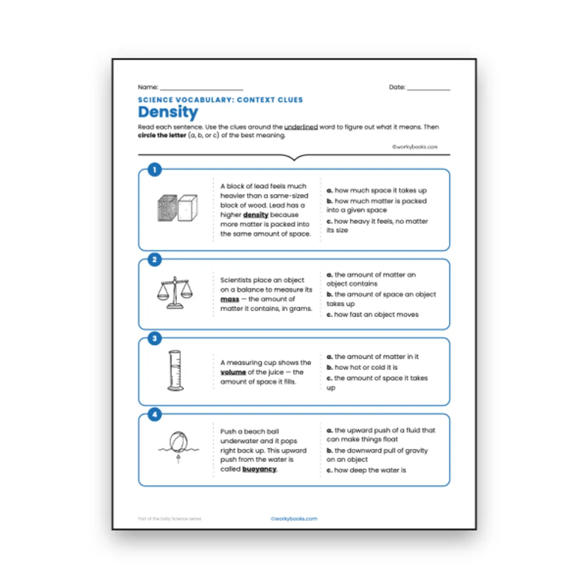 Density - Context Clues Activity — ela worksheet for Grade 6, page 1 of null
