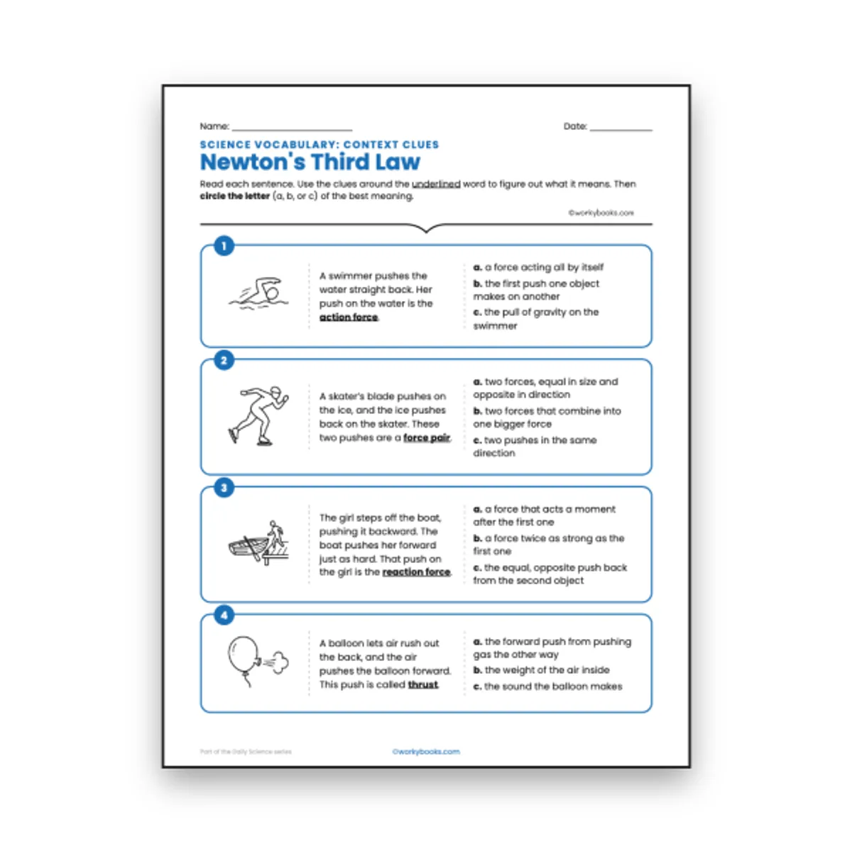 Newton's Third Law - Context Clues Activity — ela worksheet for Grade 6, page 1 of null