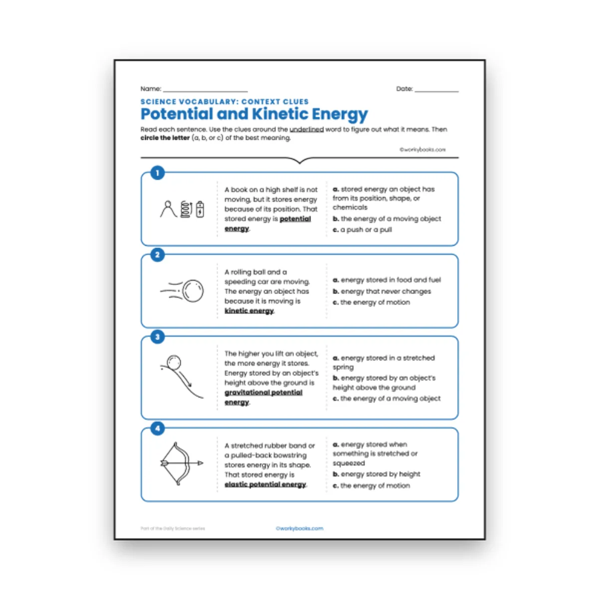 Potential and Kinetic Energy - Context Clues Activity — ela worksheet for Grade 6, page 1 of null