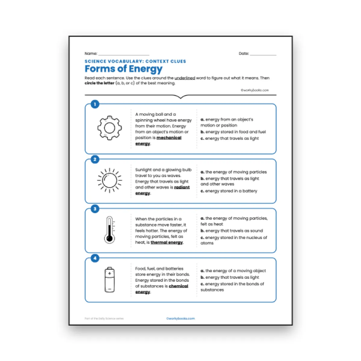 Forms of Energy - Context Clues Activity — ela worksheet for Grade 6, page 1 of null