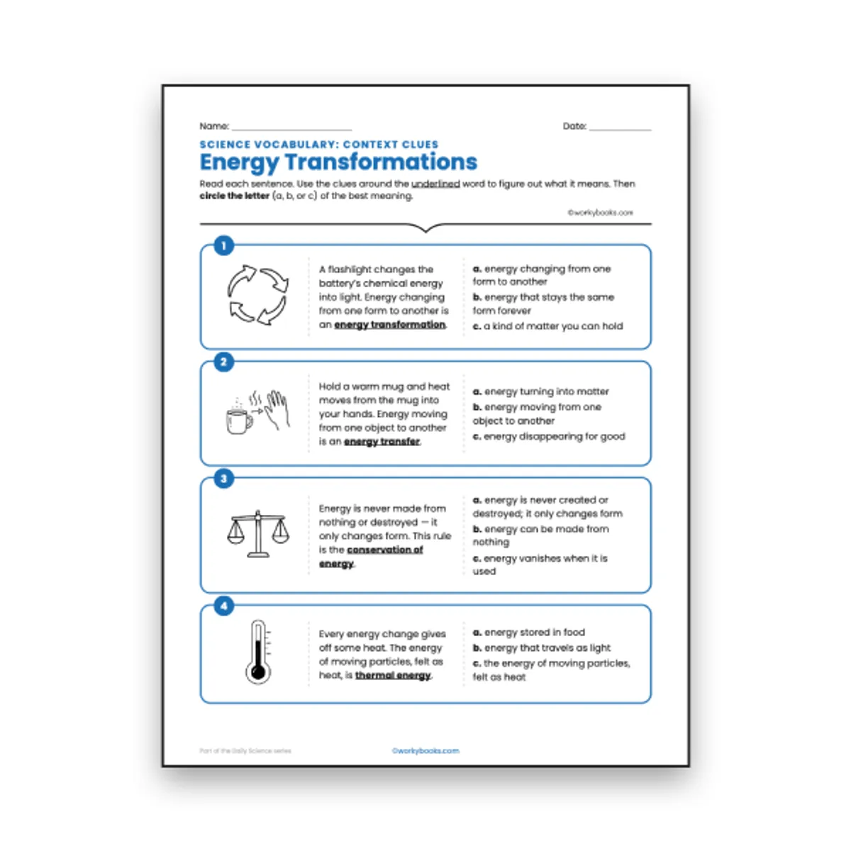 Energy Transformations - Context Clues Activity — ela worksheet for Grade 6, page 1 of null