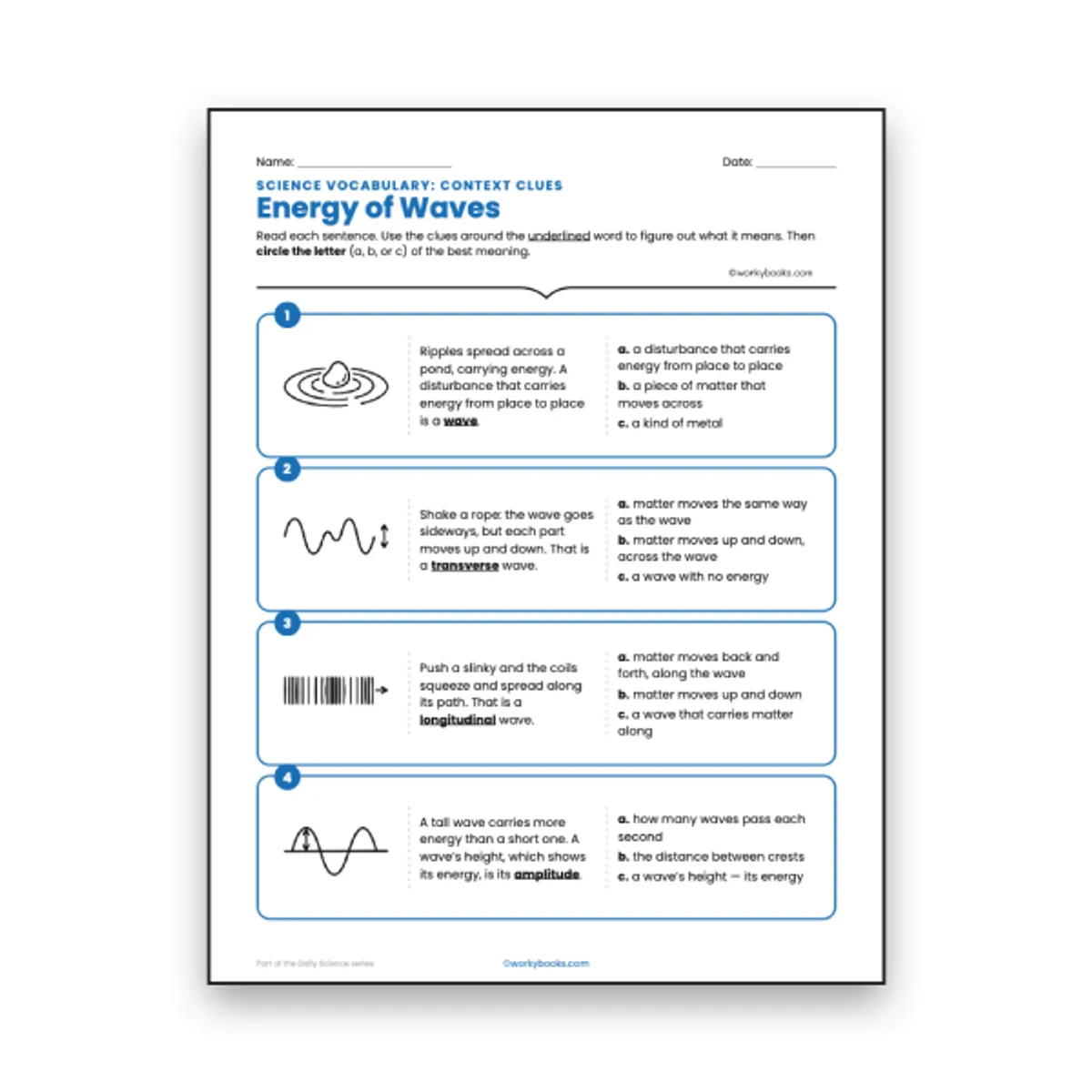 Energy of Waves - Context Clues Activity — ela worksheet for Grade 6, page 1 of null