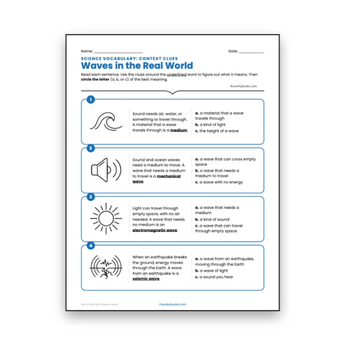 Waves in the Real World - Context Clues Activity — ela worksheet for Grade 6, page 1 of null