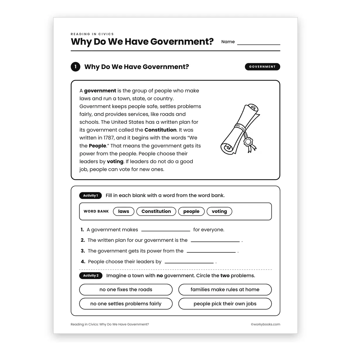 Why Do We Have Government? — ela worksheet for Grade 3, page 1 of 2