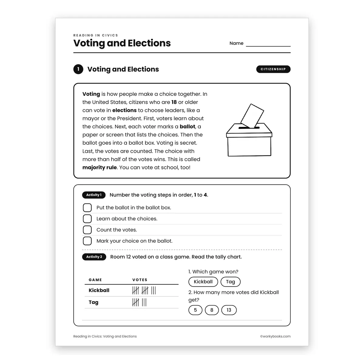 Voting and Elections — ela worksheet for Grade 3, page 1 of 2