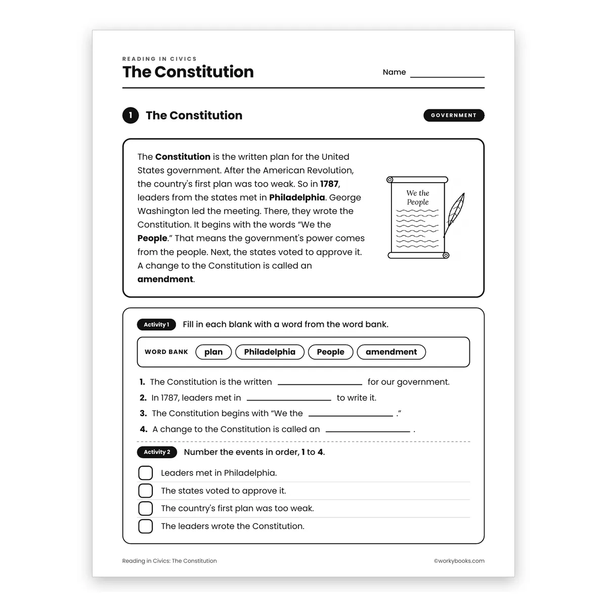 The Constitution — ela worksheet for Grade 3, page 1 of 2