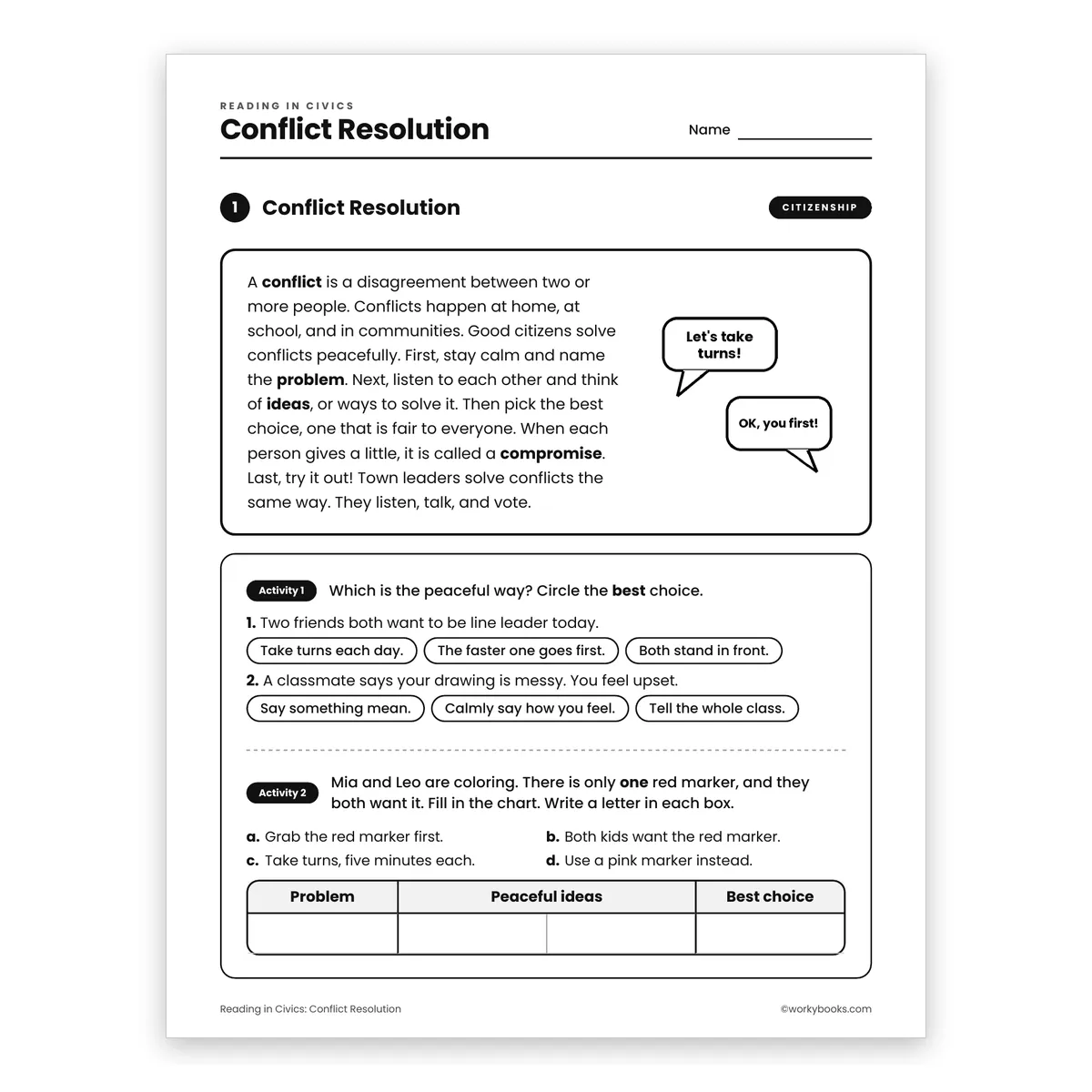 Conflict Resolution — ela worksheet for Grade 3, page 1 of 2