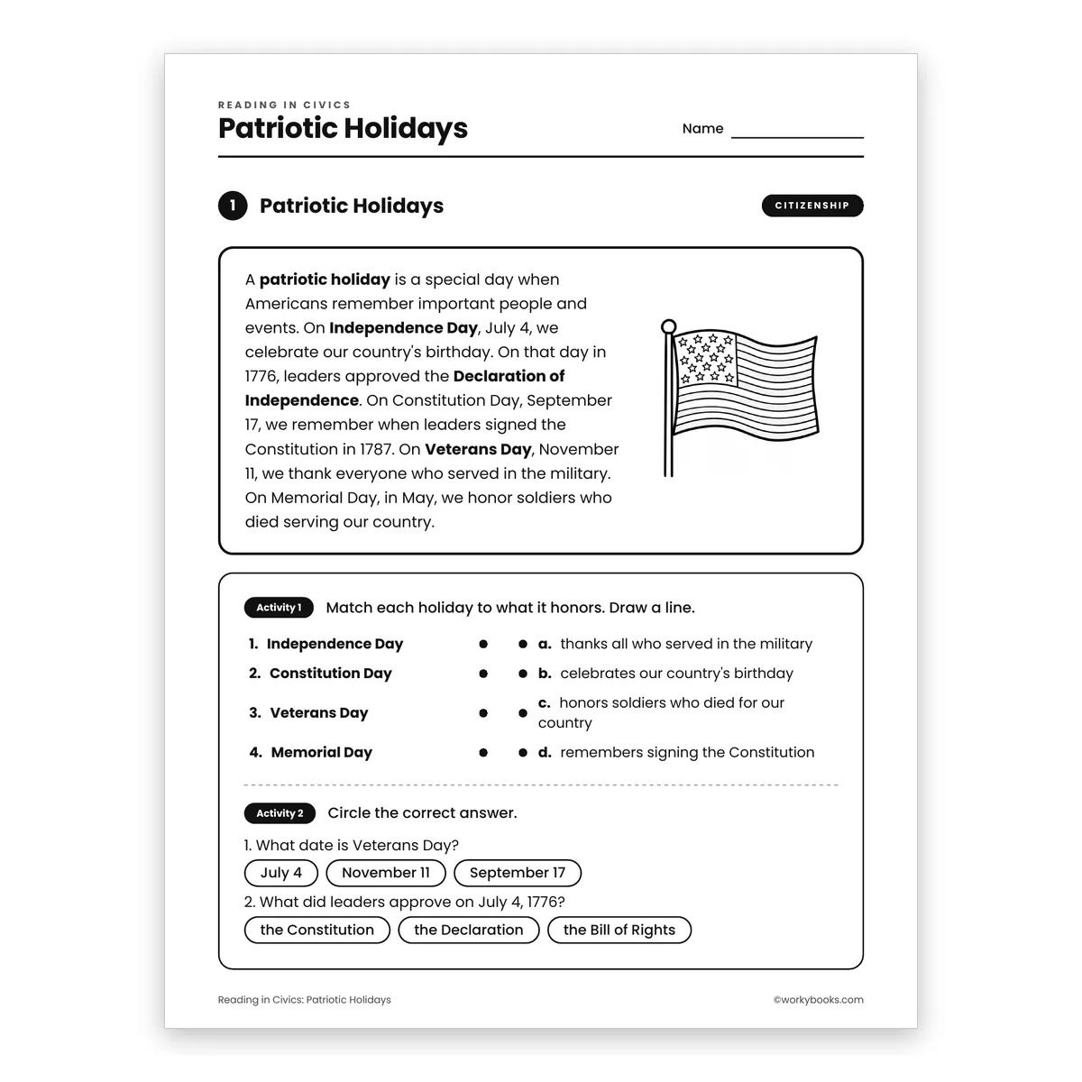 Grade 3 Patriotic Holidays — ela worksheet for Grade 3, page 1 of 2