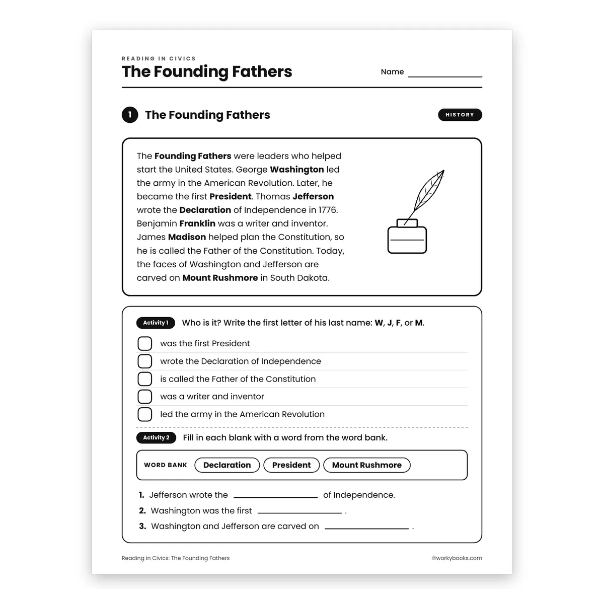 Grade 3 The Founding Fathers — ela worksheet for Grade 3, page 1 of 2