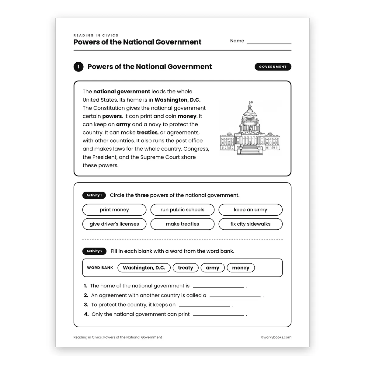 Powers of the National Government — ela worksheet for Grade 3, page 1 of 2