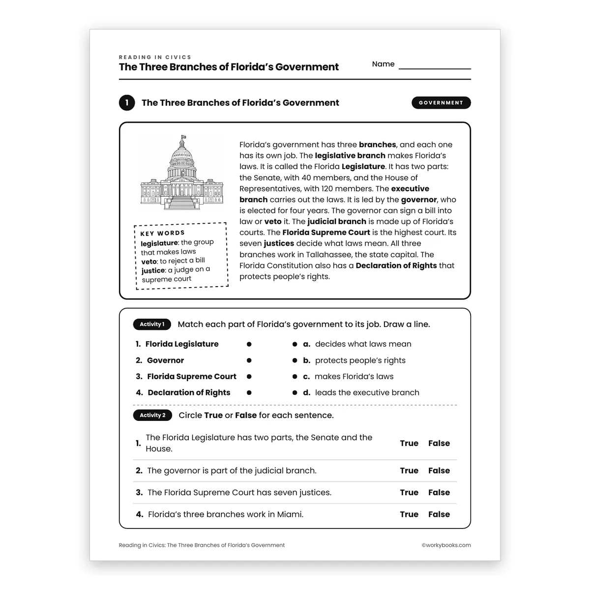 The Three Branches of Florida's Government — ela worksheet for Grade 4, page 1 of 2