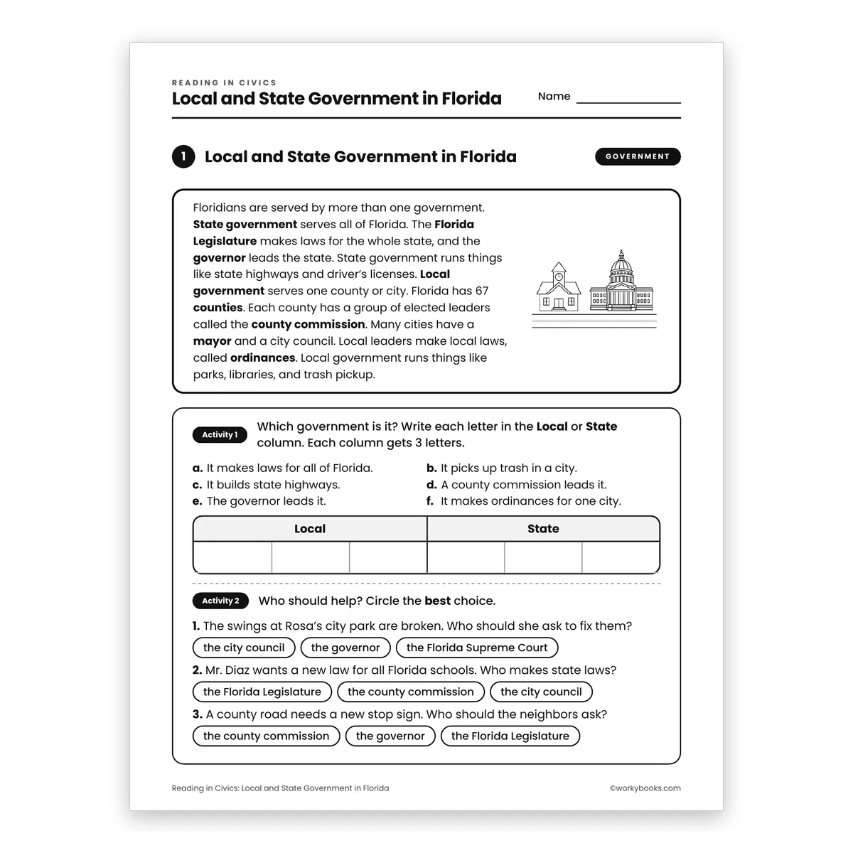 Local and State Government in Florida — ela worksheet for Grade 4, page 1 of 2