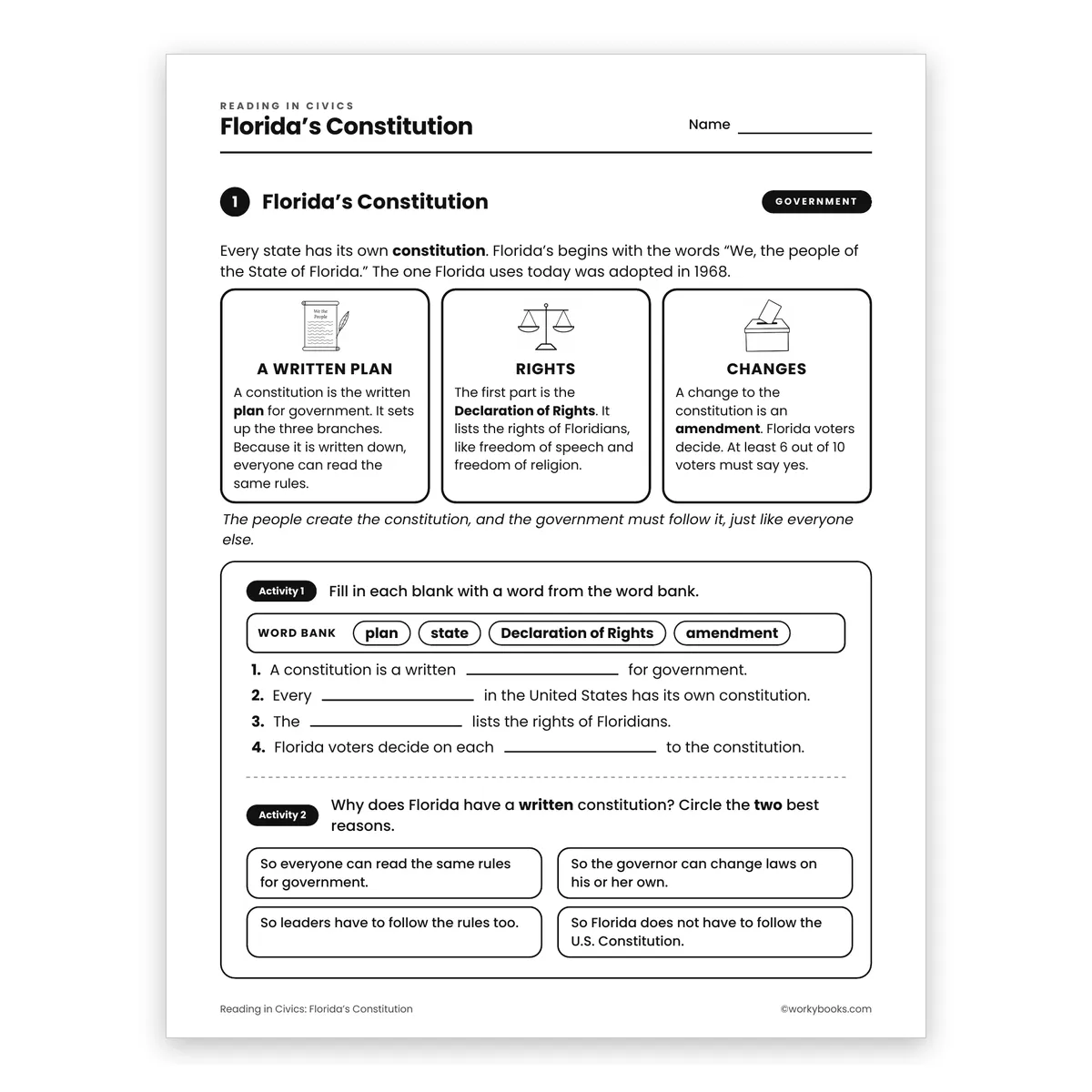 Florida's Constitution — ela worksheet for Grade 4, page 1 of 2