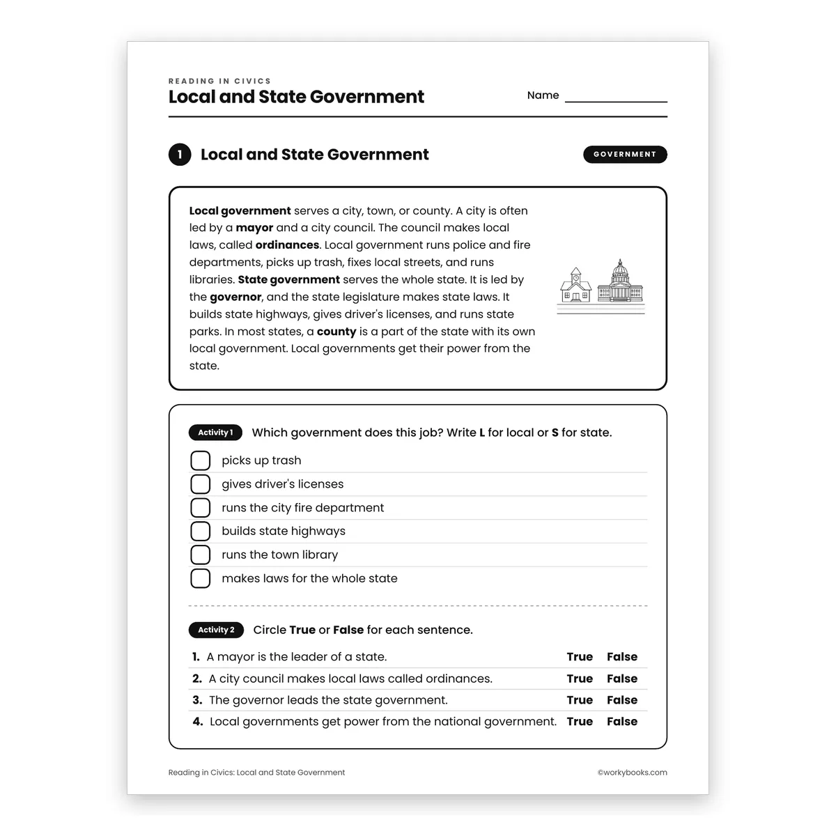 Local and State Government — ela worksheet for Grade 4, page 1 of 2