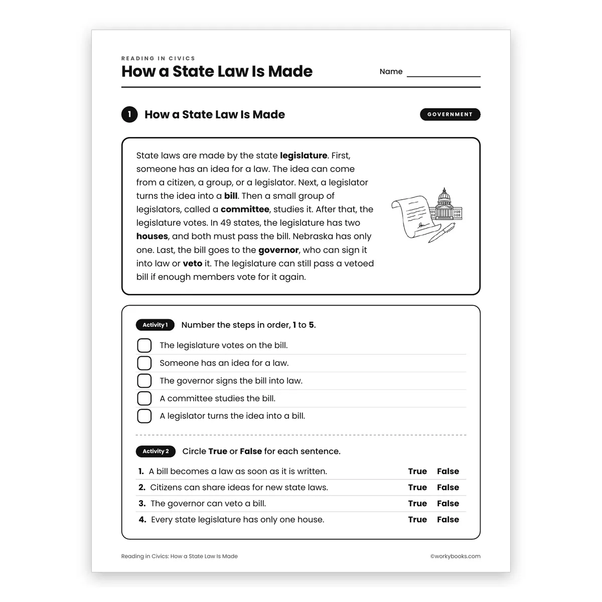 How a State Law Is Made — ela worksheet for Grade 4, page 1 of 2