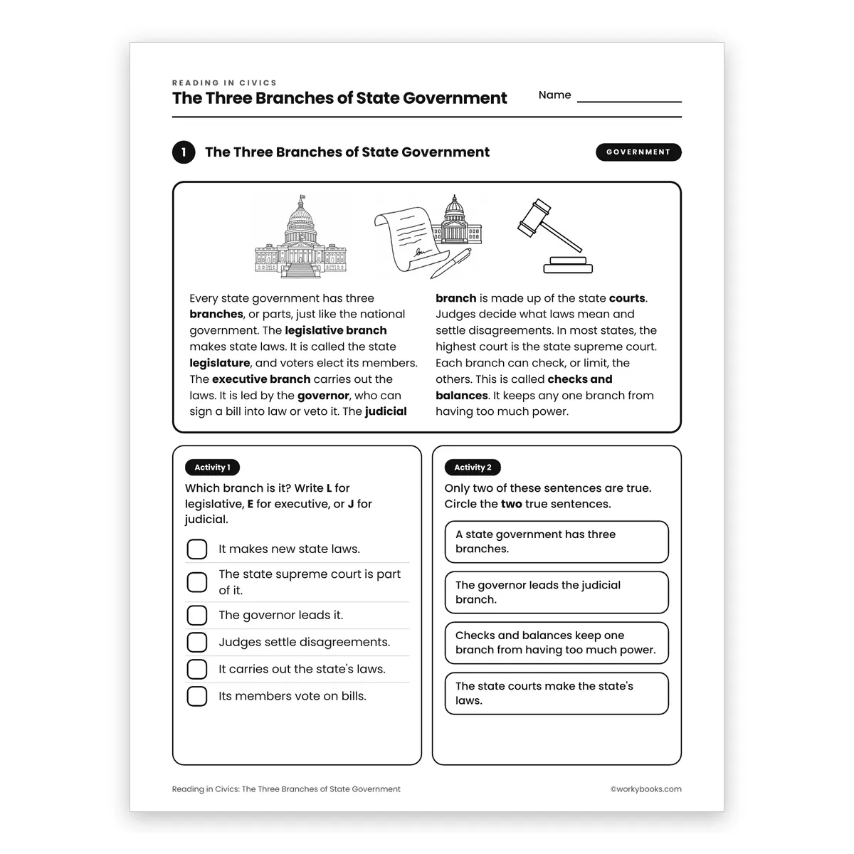 The Three Branches of State Government — ela worksheet for Grade 4, page 1 of 2