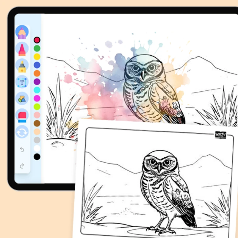 Burrowing Owl in the Desert — coloring-pages coloring page for Grade 1, Grade 2, Grade 3, Grade 4, Grade 5, page 1 of 1