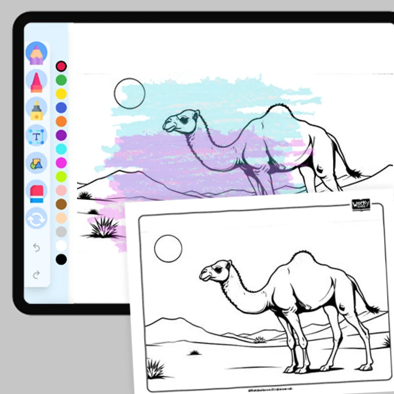 Camel in the Desert — coloring-pages coloring page for Grade 1, Grade 2, Grade 3, Grade 4, Grade 5, page 1 of 1