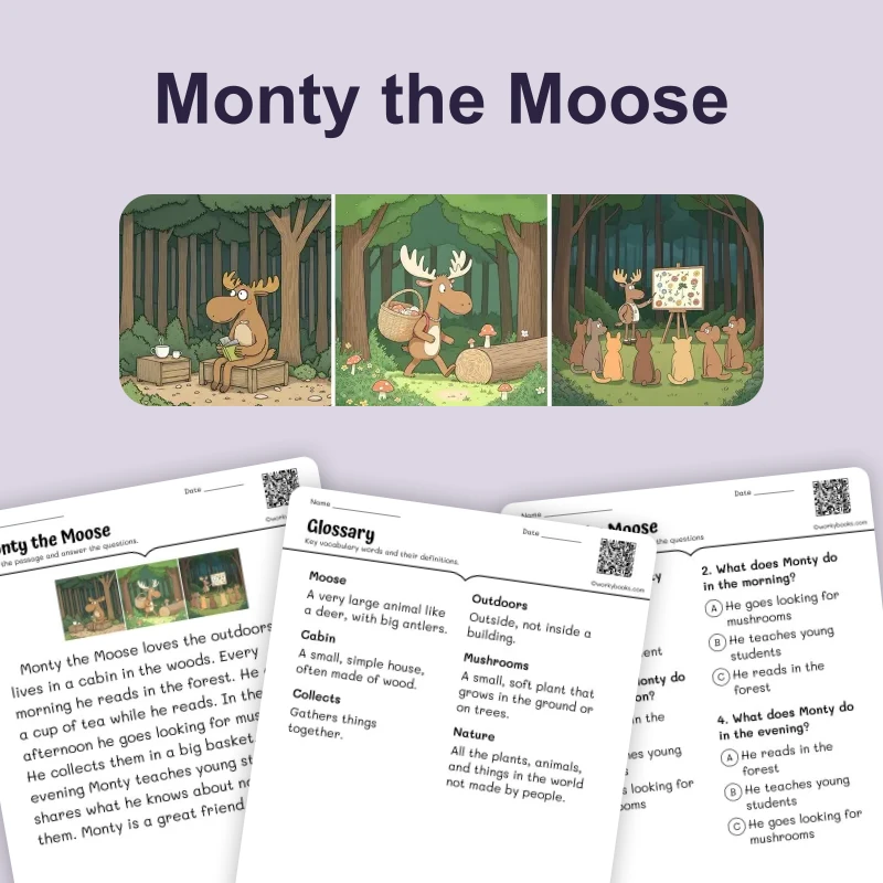 Monty the Moose — ela — reading comprehension for Grade 1, Grade 2, Grade 3, Grade 4, Grade 5, page 1 of 4