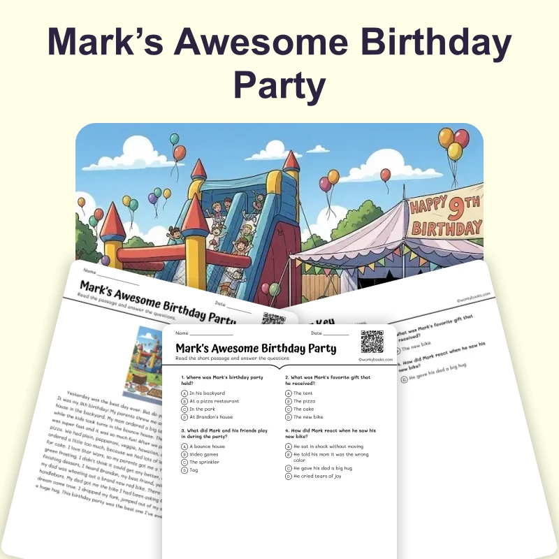 Mark’s Birthday Party-Short Story — ela — reading comprehension for Grade 4, Grade 5, page 1 of 4