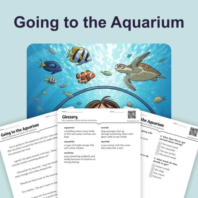Eva's Aquarium Visit-Short Story — ela — reading comprehension for Grade 3, Grade 4, Grade 5, page 1 of 4