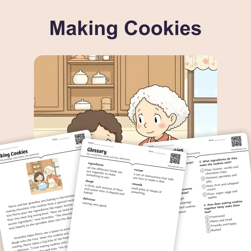 Maria and Grandma's Baking Cookies-Short Story — ela — reading comprehension for Grade 3, Grade 4, Grade 5, page 1 of 4