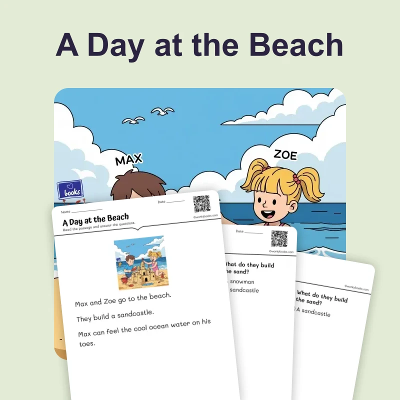 Max and Zoe's Beach Adventure-Short Story — ela — reading comprehension for Grade 1, Grade 2, page 1 of 4