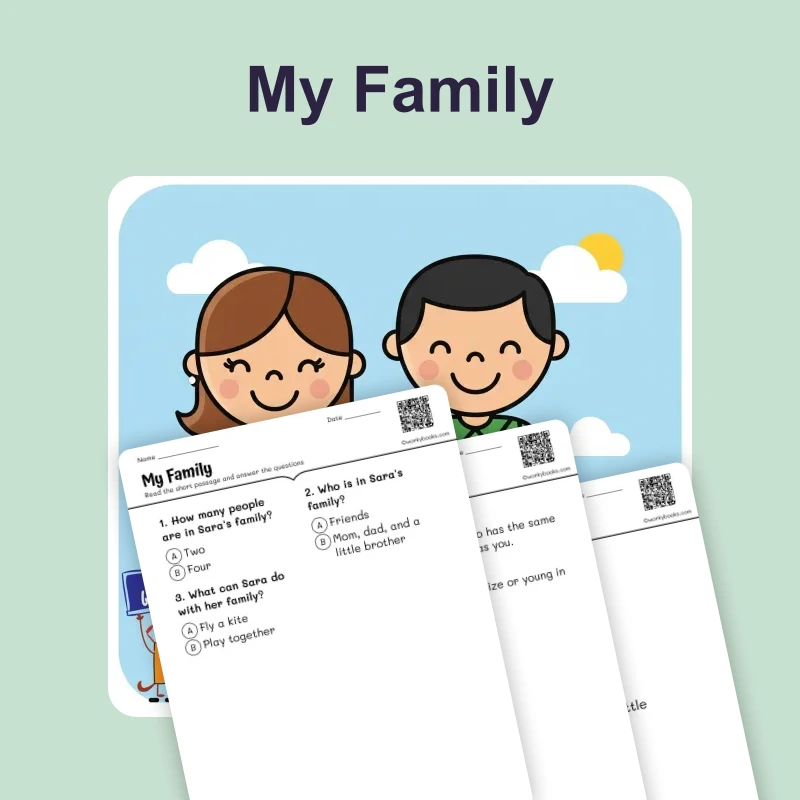 My Family — ela — reading comprehension for Grade 1, Grade 2, page 1 of 4