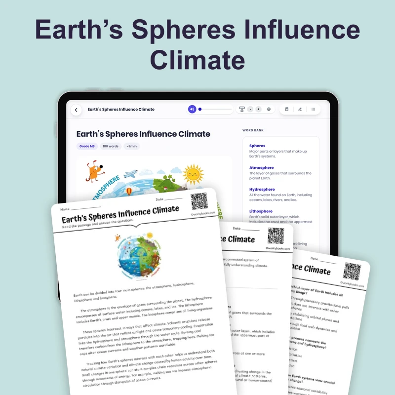 Earth’s Spheres Influence Climate — ela — reading comprehension for Grade 4, Grade 5, Grade 6, Grade 7, page 1 of 4