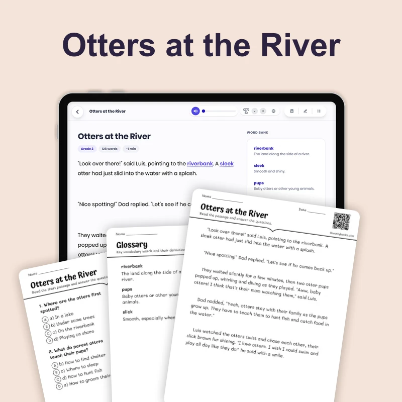 Otters at the River — ela — reading comprehension for Grade 1, Grade 2, Grade 3, Grade 4, Grade 5, page 1 of 4