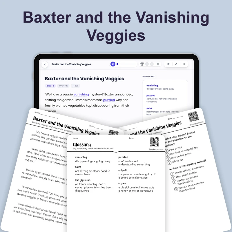 Baxter and the Vanishing Veggies — ela — reading comprehension for Grade 1, Grade 2, Grade 3, Grade 4, Grade 5, page 1 of 4