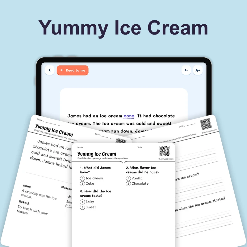 Yummy Ice Cream — ela — reading comprehension for Grade 1, Grade 2, Grade 3, Grade 4, Grade 5, page 1 of 4