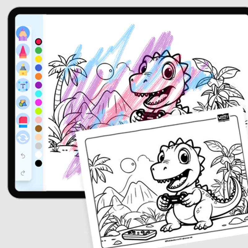 Dino's Epic Gaming Session — coloring-pages coloring page for Grade 1, Grade 2, Grade 3, Grade 4, Grade 5, page 1 of 1