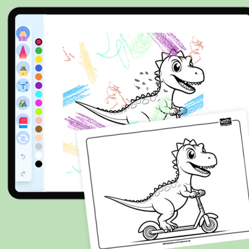 Dino's Zippy Scooter Ride — coloring-pages coloring page for Grade 1, Grade 2, Grade 3, Grade 4, Grade 5, page 1 of 1