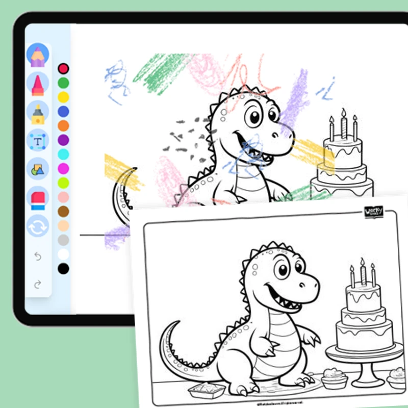 Dino's Delightful Cake Baking Adventure — coloring-pages coloring page for Grade 1, Grade 2, Grade 3, Grade 4, Grade 5, page 1 of 1